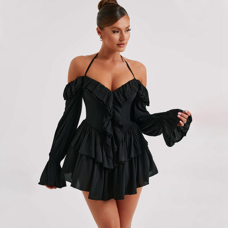 Women Clothing Autumn Sexy Halter Low Cut Ruffled Long Sleeve Romper Bella Mia